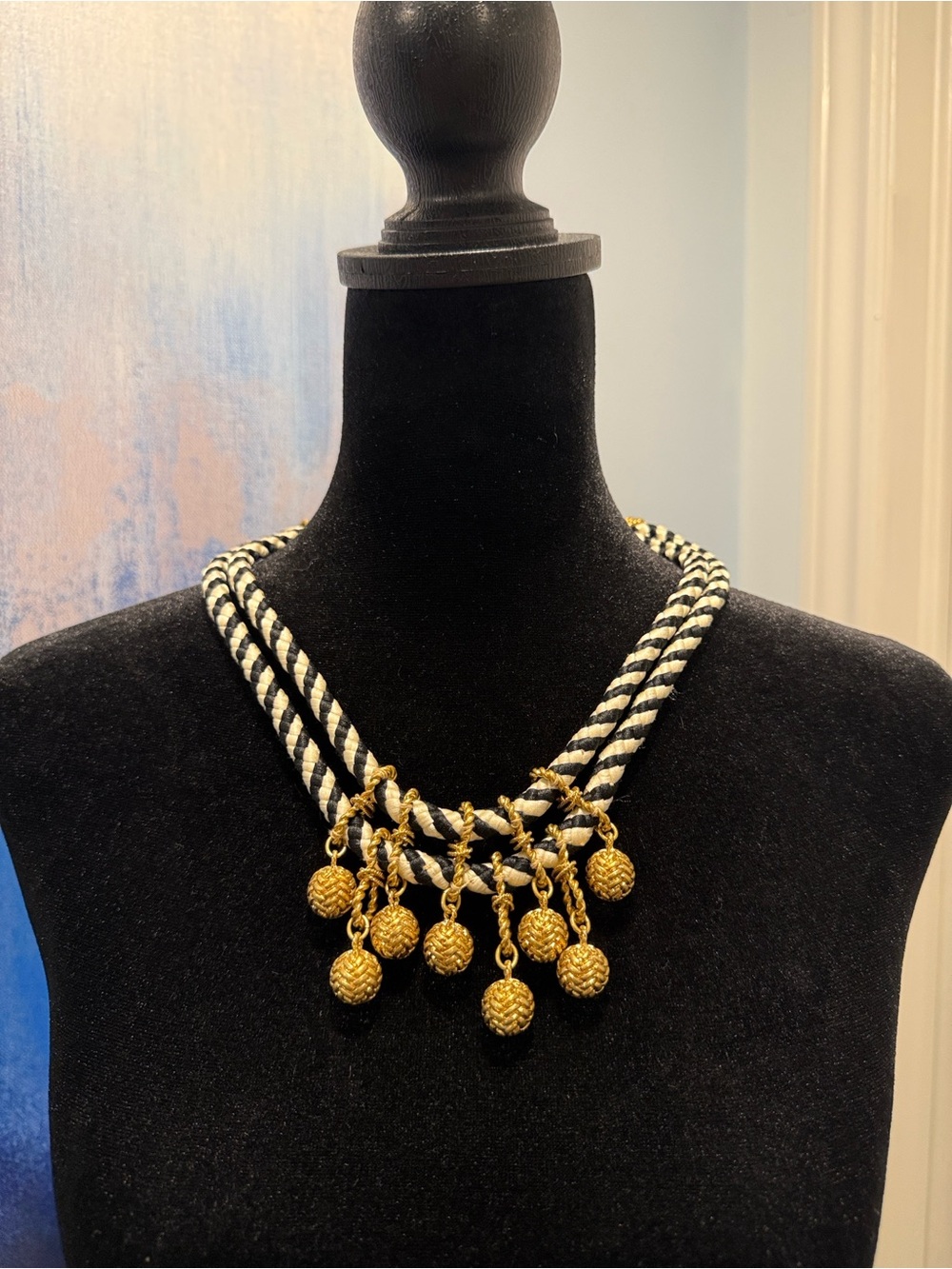 Stella & Dot Black and White Rope Necklace with Gold Ball Tassels